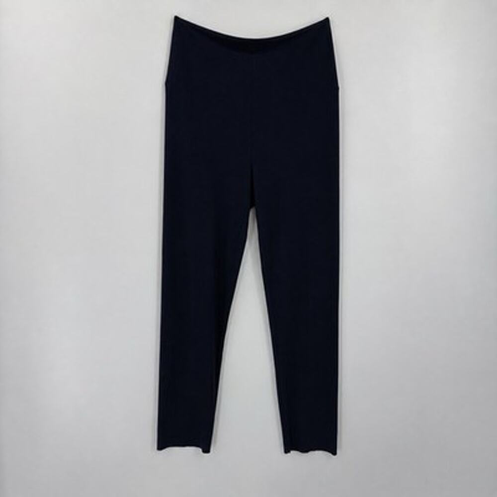 Norma Kamali Wide Waistband Pull on Pants Womens Medium Navy Slinky Knit Ankle